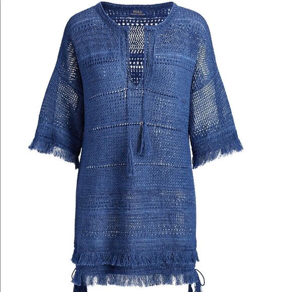 Polo by Ralph Lauren Tops - Polo Ralph Lauren Fringed Blue Linen Woven Tunic Top Size Medium